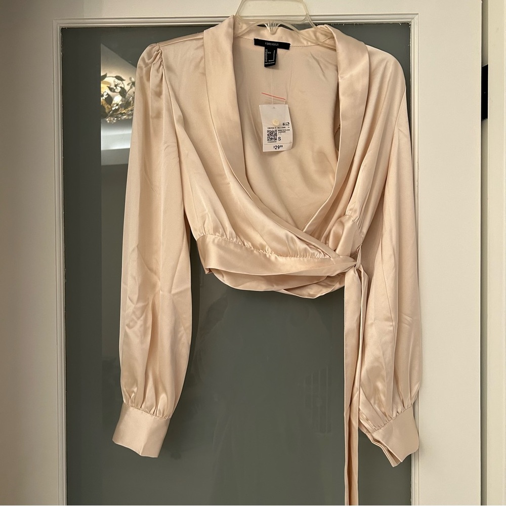 Cream Satin Wrap Crop Blouse